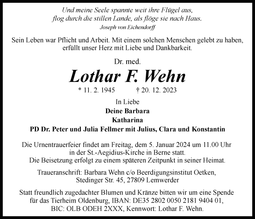  Traueranzeige für Lothar Wehn vom 30.12.2023 aus Nordwest-Zeitung