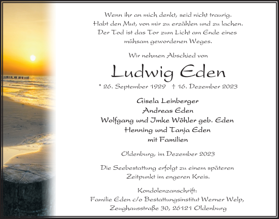 Traueranzeige von Ludwig Eden von Nordwest-Zeitung