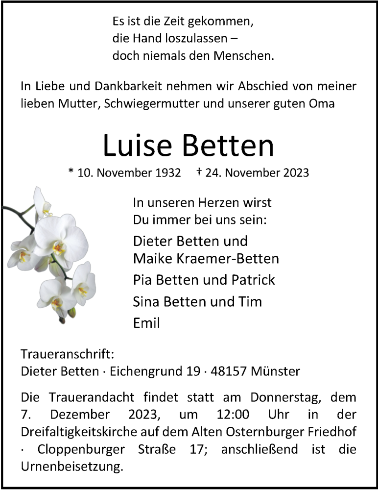  Traueranzeige für Luise Betten vom 02.12.2023 aus Nordwest-Zeitung