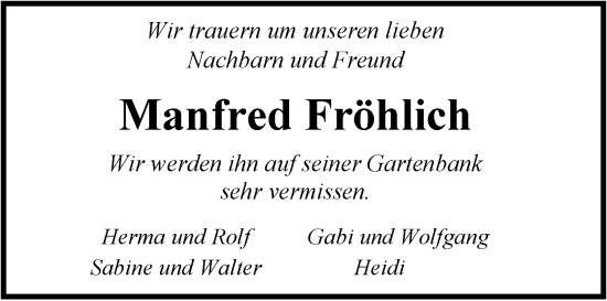 Traueranzeige von Manfred Fröhlich von Nordwest-Zeitung