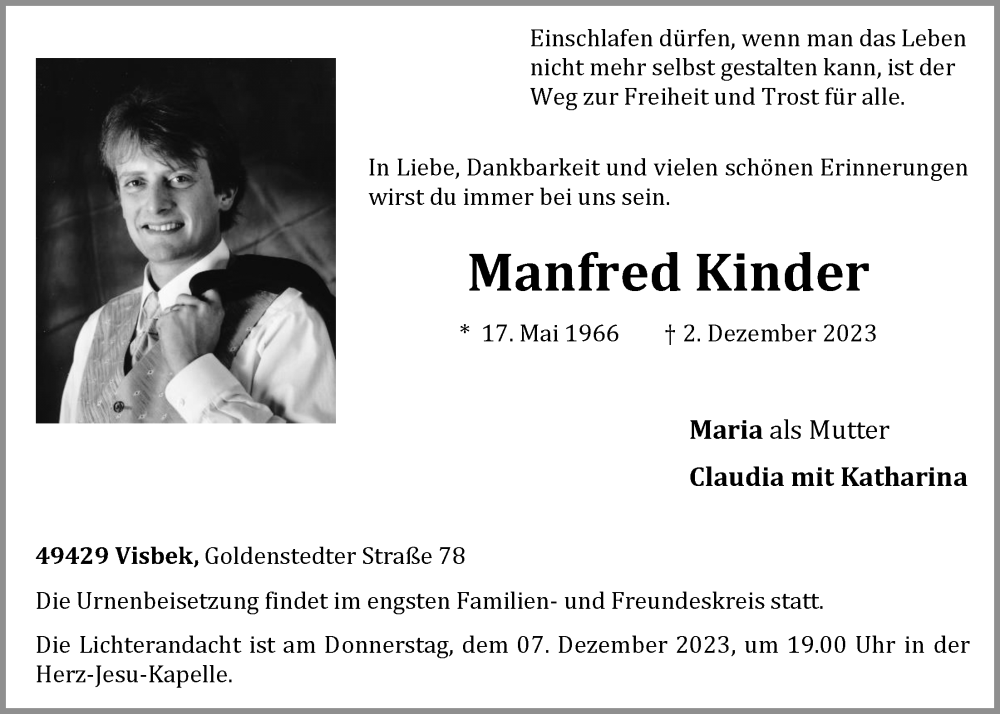  Traueranzeige für Manfred Kinder vom 05.12.2023 aus Nordwest-Zeitung