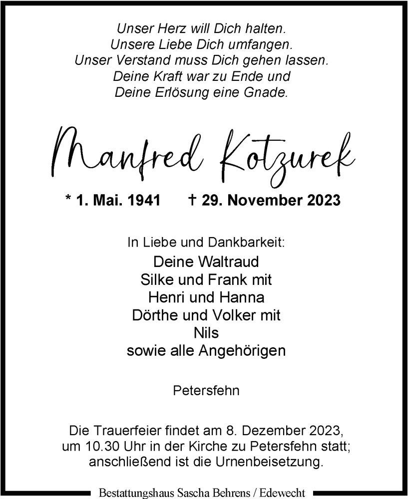  Traueranzeige für Manfred Kotzurek vom 02.12.2023 aus Nordwest-Zeitung