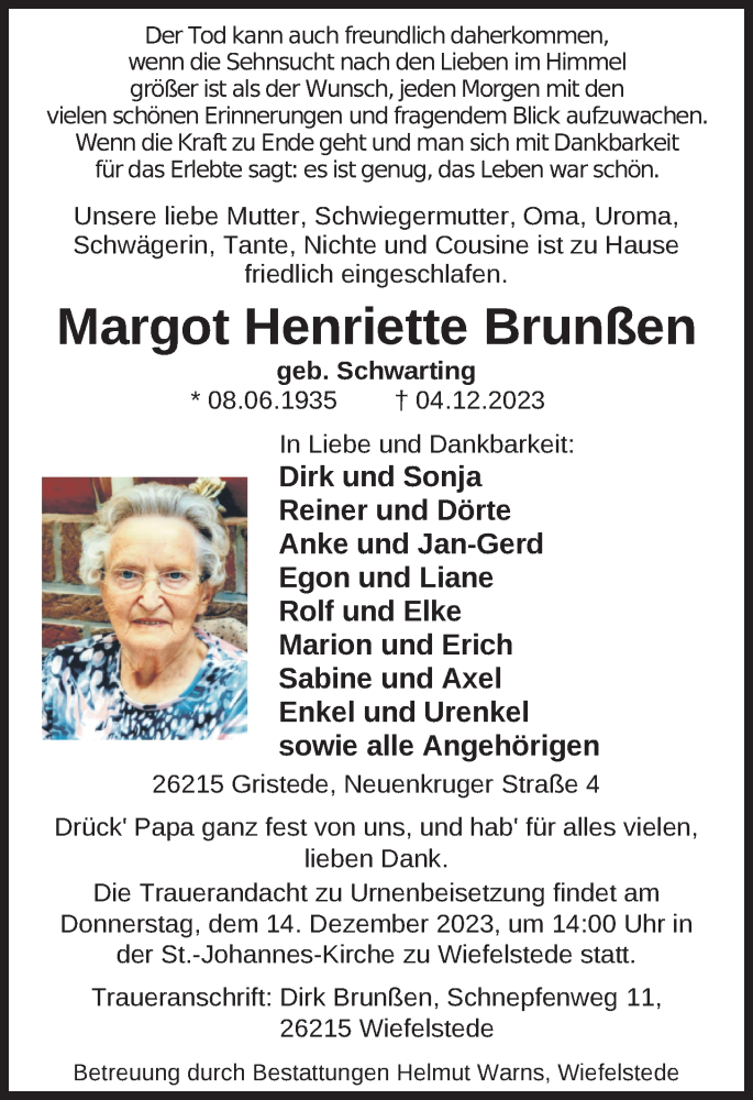  Traueranzeige für Margot Henriette Brunßen vom 08.12.2023 aus Nordwest-Zeitung
