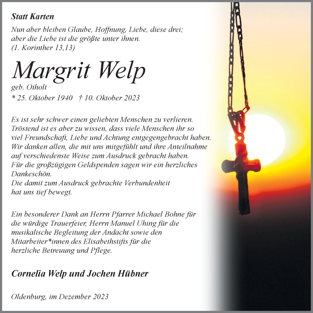  Traueranzeige für Margrit Welp vom 02.12.2023 aus Nordwest-Zeitung