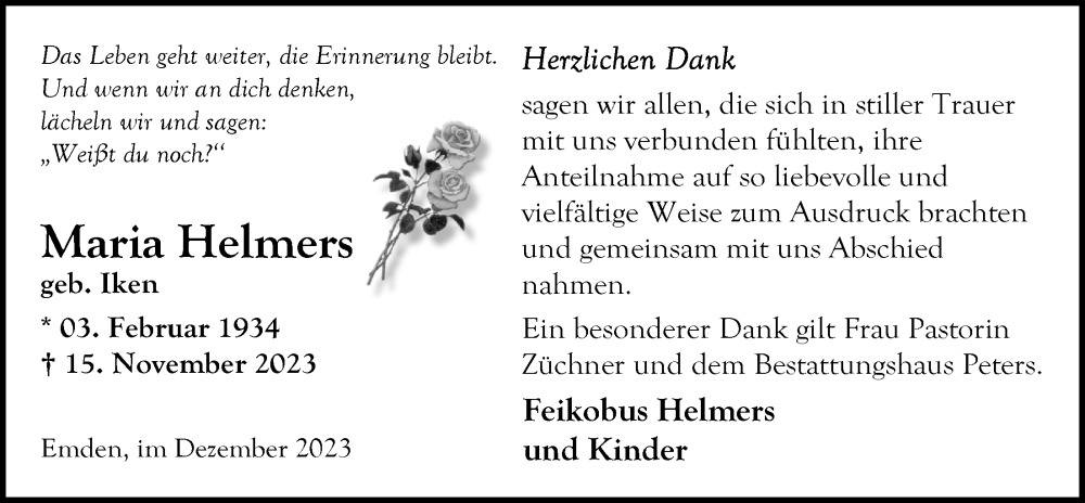  Traueranzeige für Maria Helmers vom 23.12.2023 aus Emder Zeitung