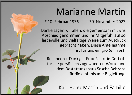 Traueranzeige von Marianne Martin von Nordwest-Zeitung