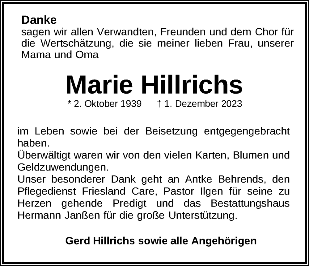  Traueranzeige für Marie Hillrichs vom 27.12.2023 aus WZ/JW/AH