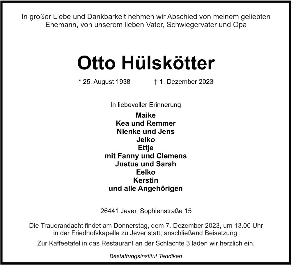  Traueranzeige für Otto Hülskötter vom 05.12.2023 aus WZ/JW/AH