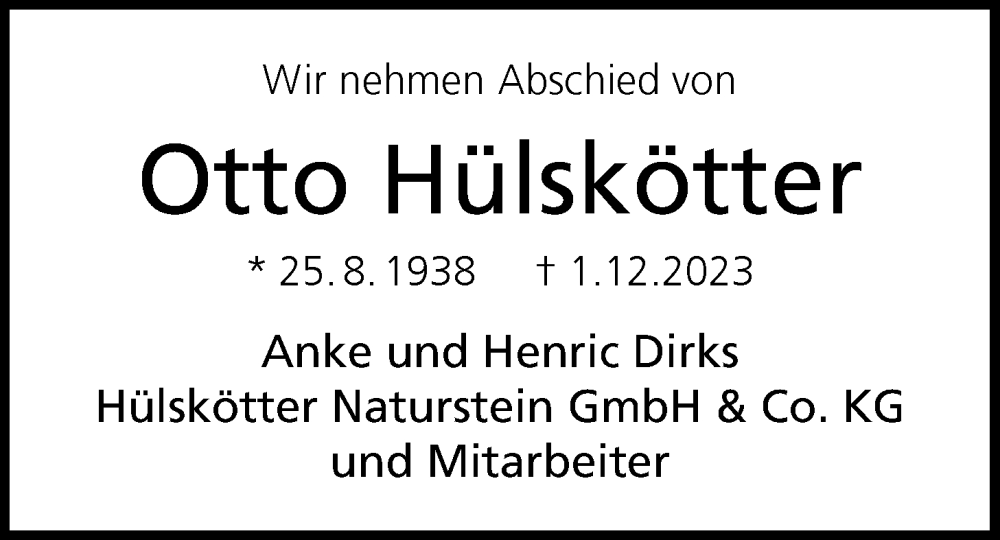  Traueranzeige für Otto Hülskötter vom 09.12.2023 aus WZ/JW/AH