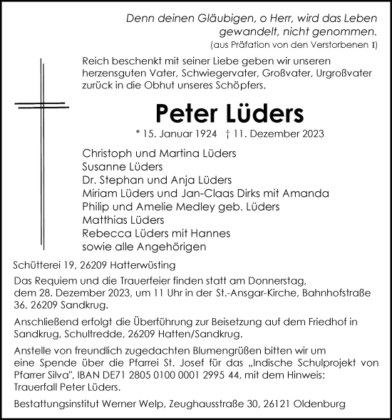 Traueranzeige von Peter Lüders von Nordwest-Zeitung