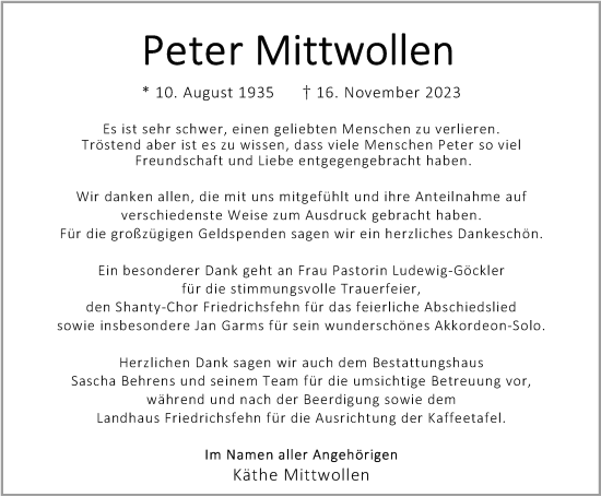 Traueranzeige von Peter Mittwollen von Nordwest-Zeitung