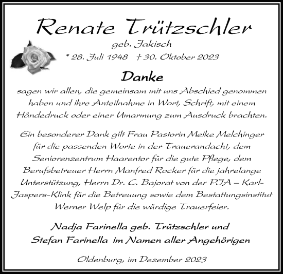 Traueranzeige von Renate Trützschler von Nordwest-Zeitung
