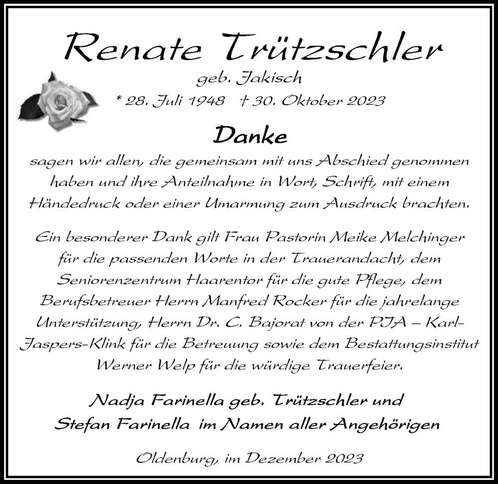  Traueranzeige für Renate Trützschler vom 16.12.2023 aus Nordwest-Zeitung