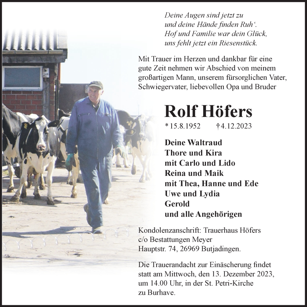  Traueranzeige für Rolf Höfers vom 09.12.2023 aus Nordwest-Zeitung