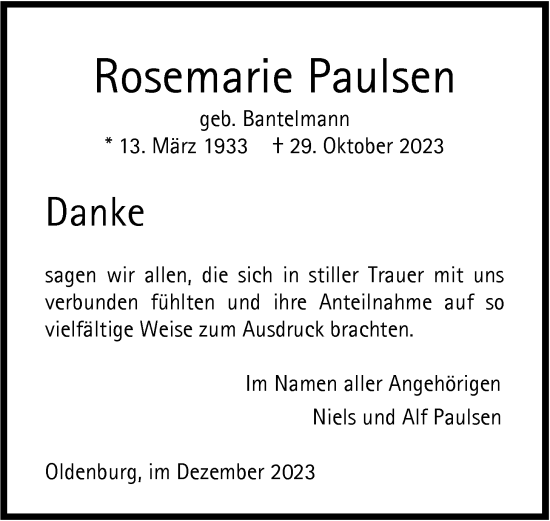Traueranzeige von Rosemarie Paulsen von Nordwest-Zeitung