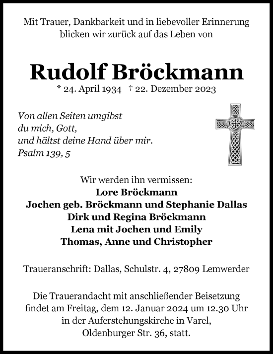 Traueranzeige von Rudolf Bröckmann von Nordwest-Zeitung
