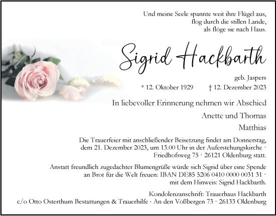 Traueranzeige von Sigrid Hackbarth von Nordwest-Zeitung