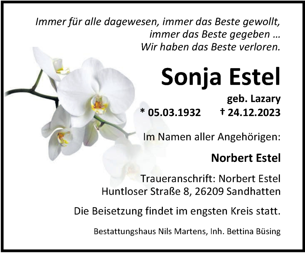  Traueranzeige für Sonja Estel vom 30.12.2023 aus Nordwest-Zeitung