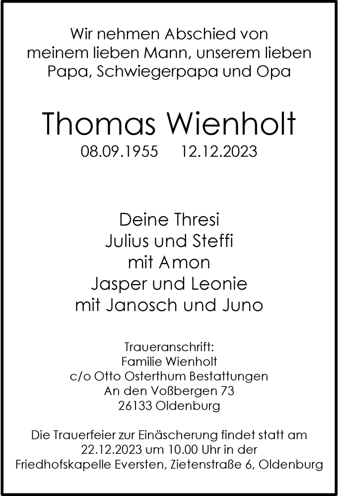  Traueranzeige für Thomas Wienholt vom 16.12.2023 aus Nordwest-Zeitung