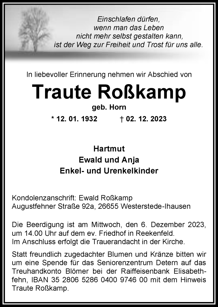  Traueranzeige für Traute Roßkamp vom 05.12.2023 aus Nordwest-Zeitung