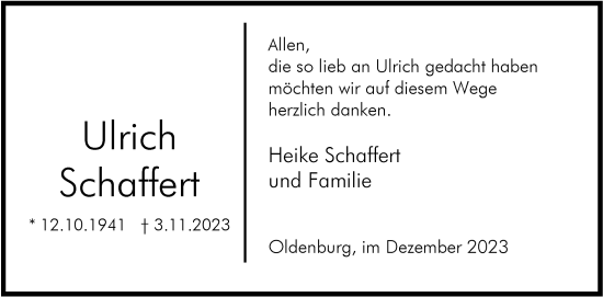Traueranzeige von Ulrich Schaffert von Nordwest-Zeitung