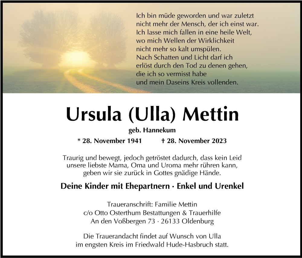  Traueranzeige für Ursula Mettin vom 02.12.2023 aus Nordwest-Zeitung