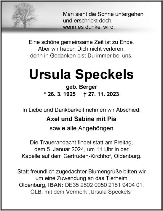 Traueranzeige von Ursula Speckels von Nordwest-Zeitung
