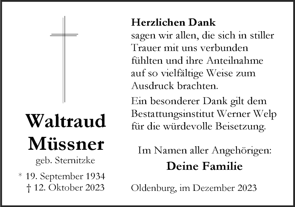  Traueranzeige für Waltraud Müssner vom 13.12.2023 aus Nordwest-Zeitung