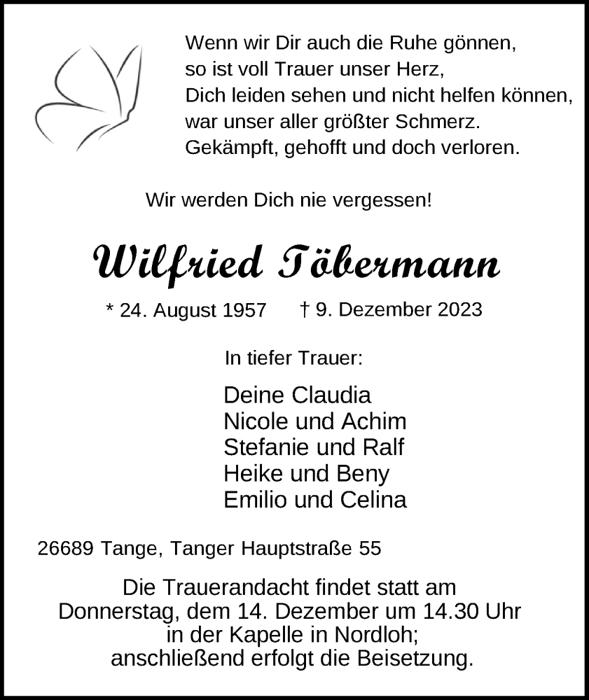  Traueranzeige für Wilfried Töbermann vom 12.12.2023 aus Nordwest-Zeitung