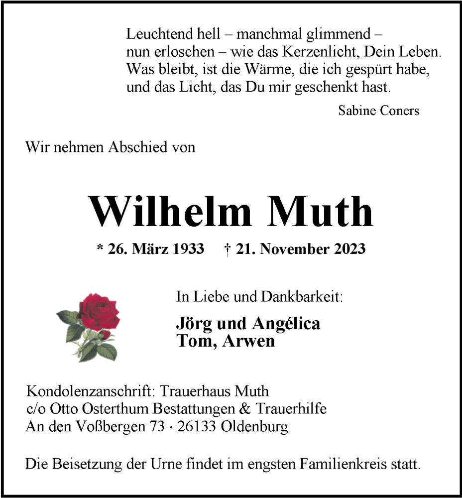  Traueranzeige für Wilhelm Muth vom 02.12.2023 aus Nordwest-Zeitung