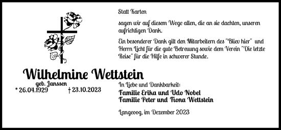Traueranzeige von Wilhelmine Wettstein von WZ/JW/AH