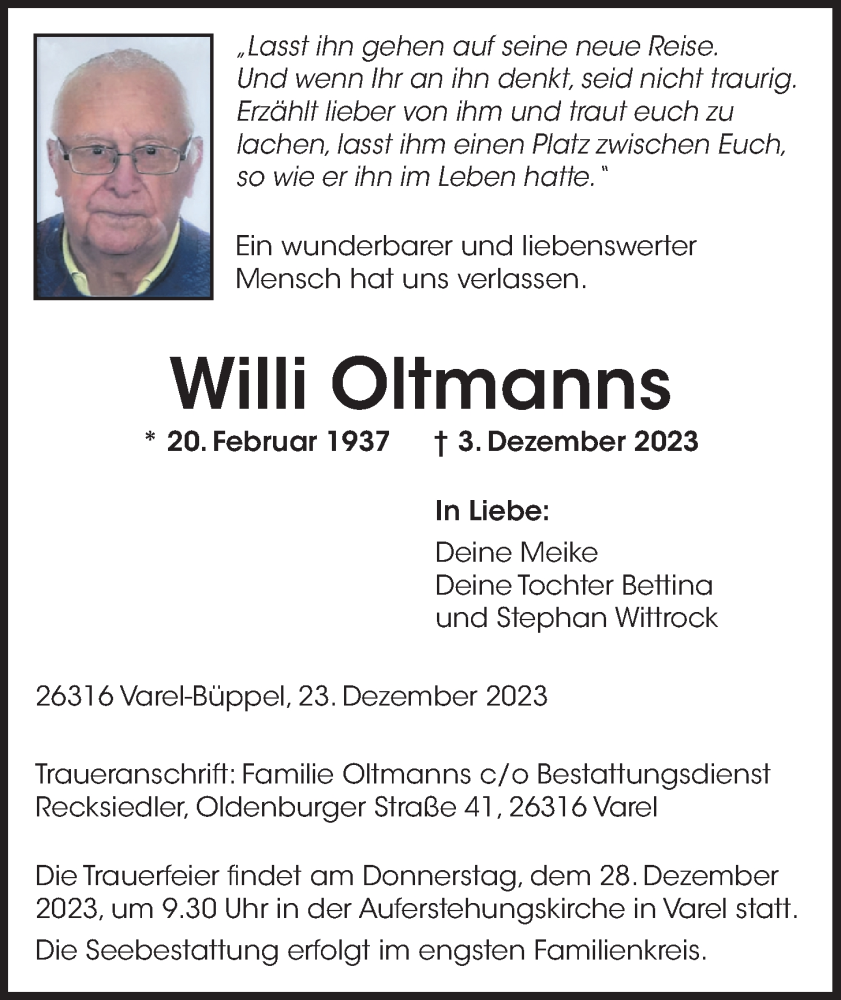  Traueranzeige für Willi Oltmanns vom 23.12.2023 aus Nordwest-Zeitung