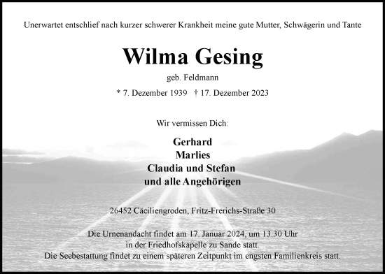 Traueranzeige von Wilma Gesing von WZ/JW/AH
