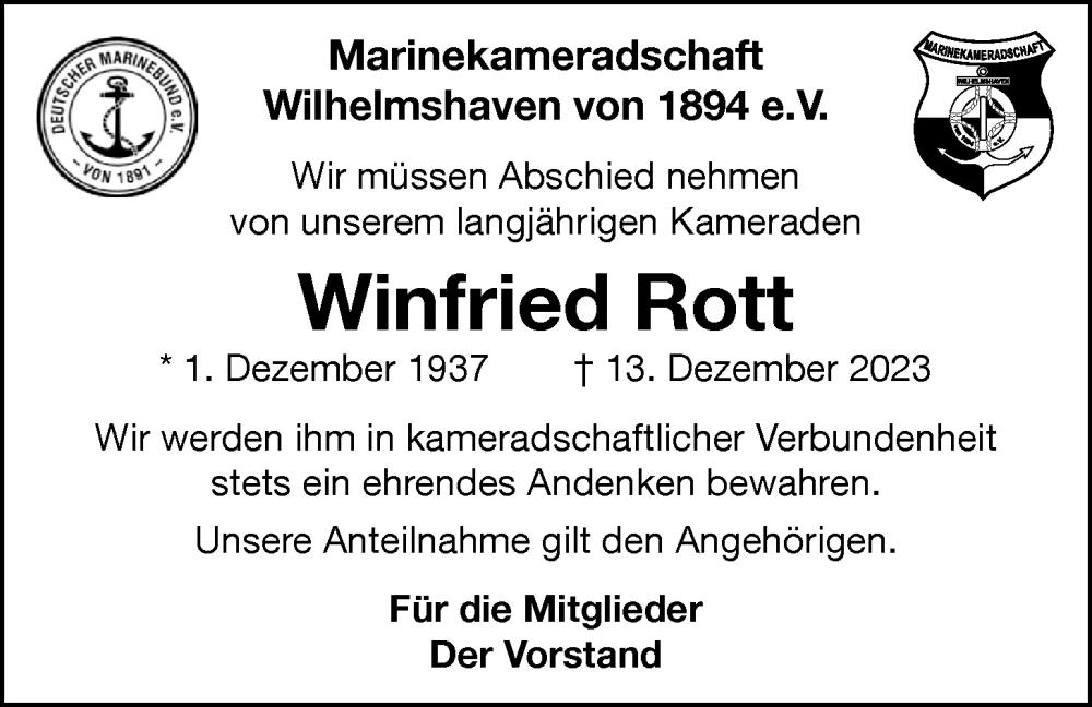  Traueranzeige für Winfried Rott vom 23.12.2023 aus WZ/JW/AH