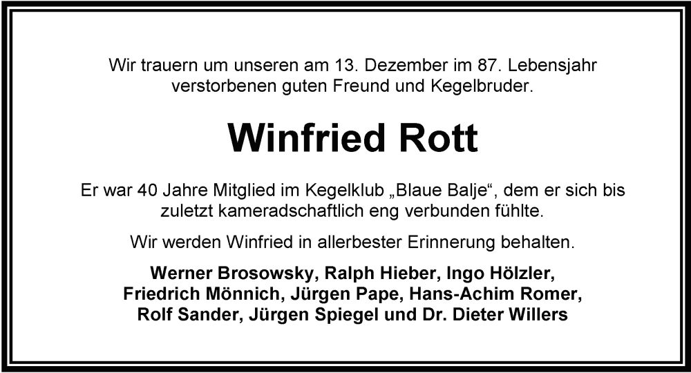  Traueranzeige für Winfried Rott vom 23.12.2023 aus WZ/JW/AH