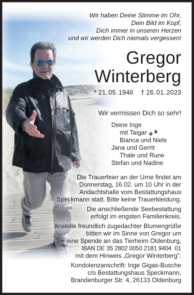  Traueranzeige für Gregor Winterberg vom 04.02.2023 aus Nordwest-Zeitung