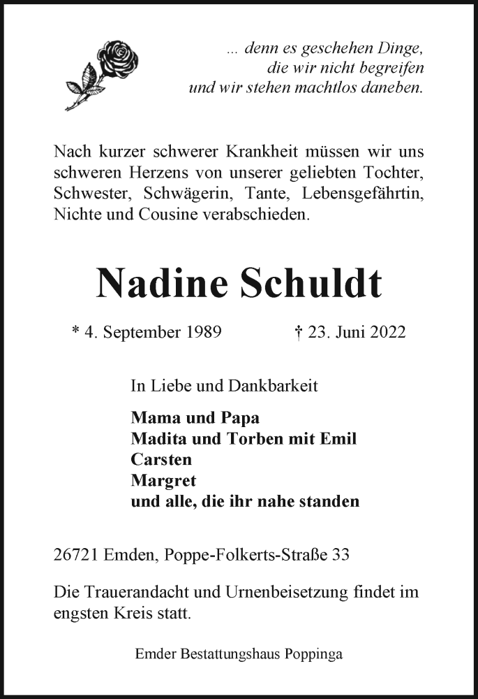  Traueranzeige für Nadine Schuldt vom 25.06.2022 aus Emder Zeitung