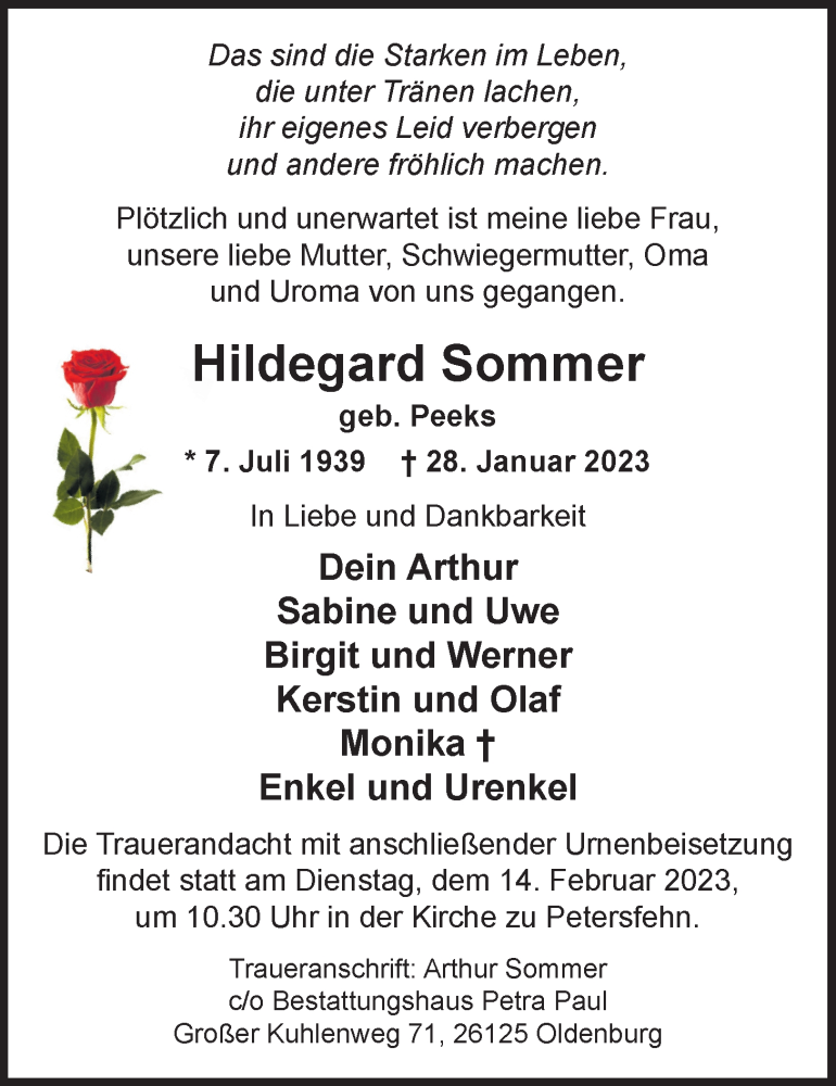  Traueranzeige für Hildegard Sommer vom 04.02.2023 aus Nordwest-Zeitung