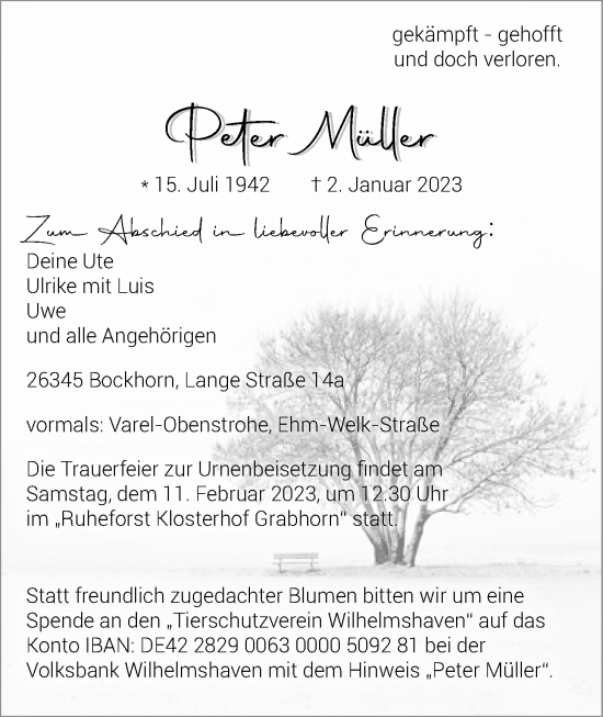 Traueranzeige von Peter Müller von Nordwest-Zeitung