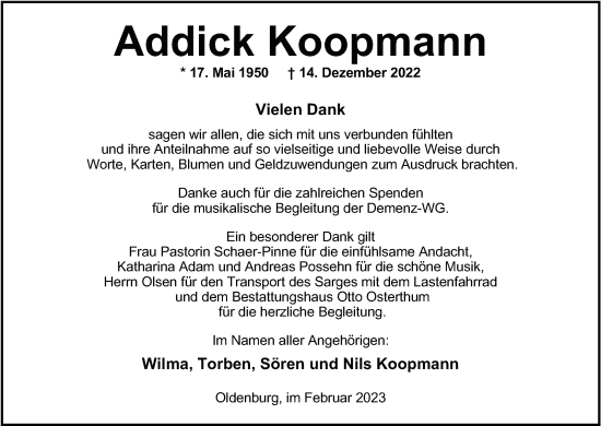 Traueranzeige von Addick Koopmann von Nordwest-Zeitung