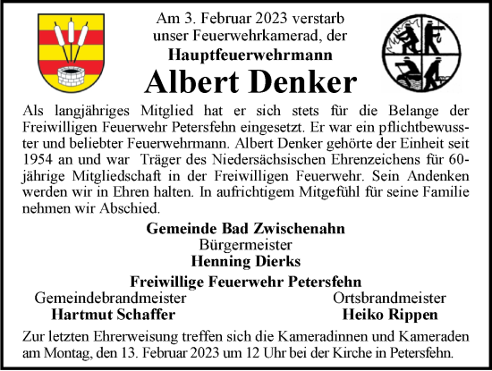 Traueranzeige von Albert Denker von Nordwest-Zeitung