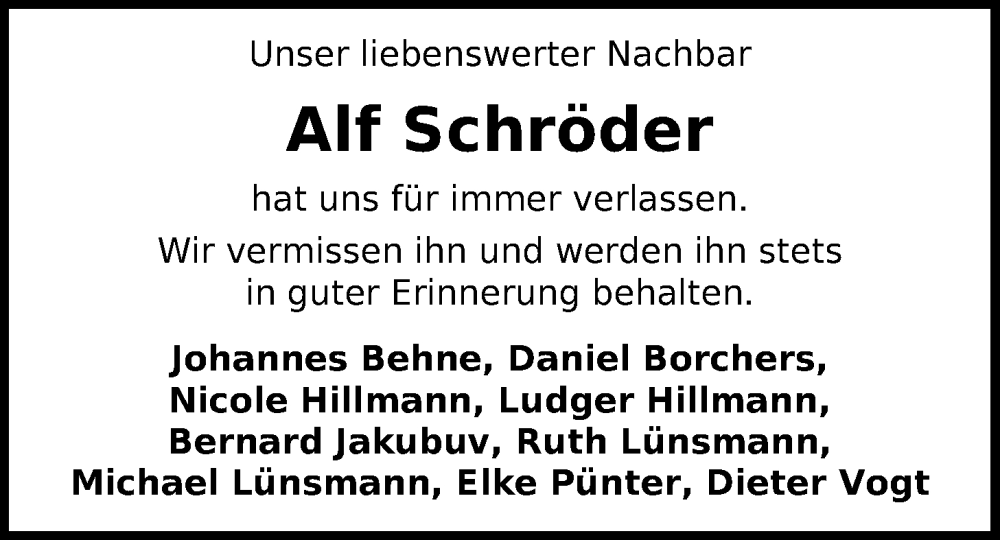  Traueranzeige für Alf Schröder vom 04.02.2023 aus Nordwest-Zeitung