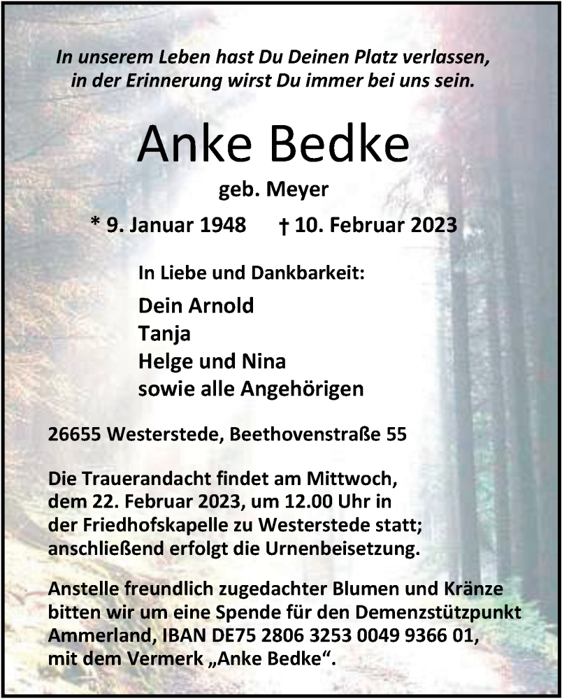  Traueranzeige für Anke Bedke vom 15.02.2023 aus Nordwest-Zeitung