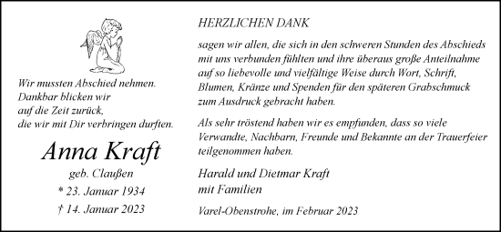 Traueranzeige von Anna Kraft von Nordwest-Zeitung