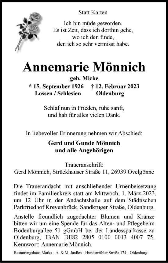 Traueranzeige von Annemarie Mönnich von Nordwest-Zeitung