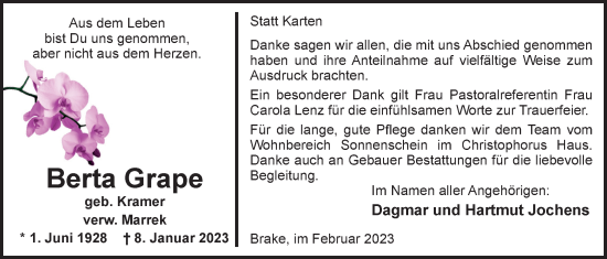 Traueranzeige von Berta Grape von Nordwest-Zeitung