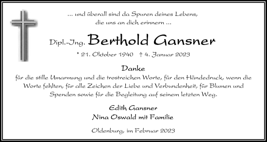 Traueranzeige von Berthold Gansner von Nordwest-Zeitung