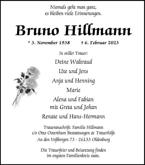 Traueranzeige von Bruno Hillmann von Nordwest-Zeitung
