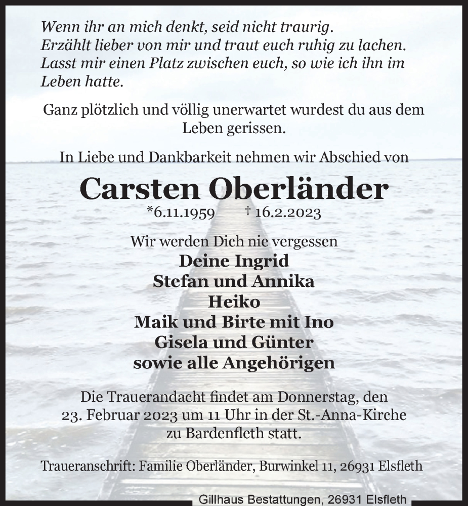  Traueranzeige für Carsten Oberländer vom 21.02.2023 aus Nordwest-Zeitung