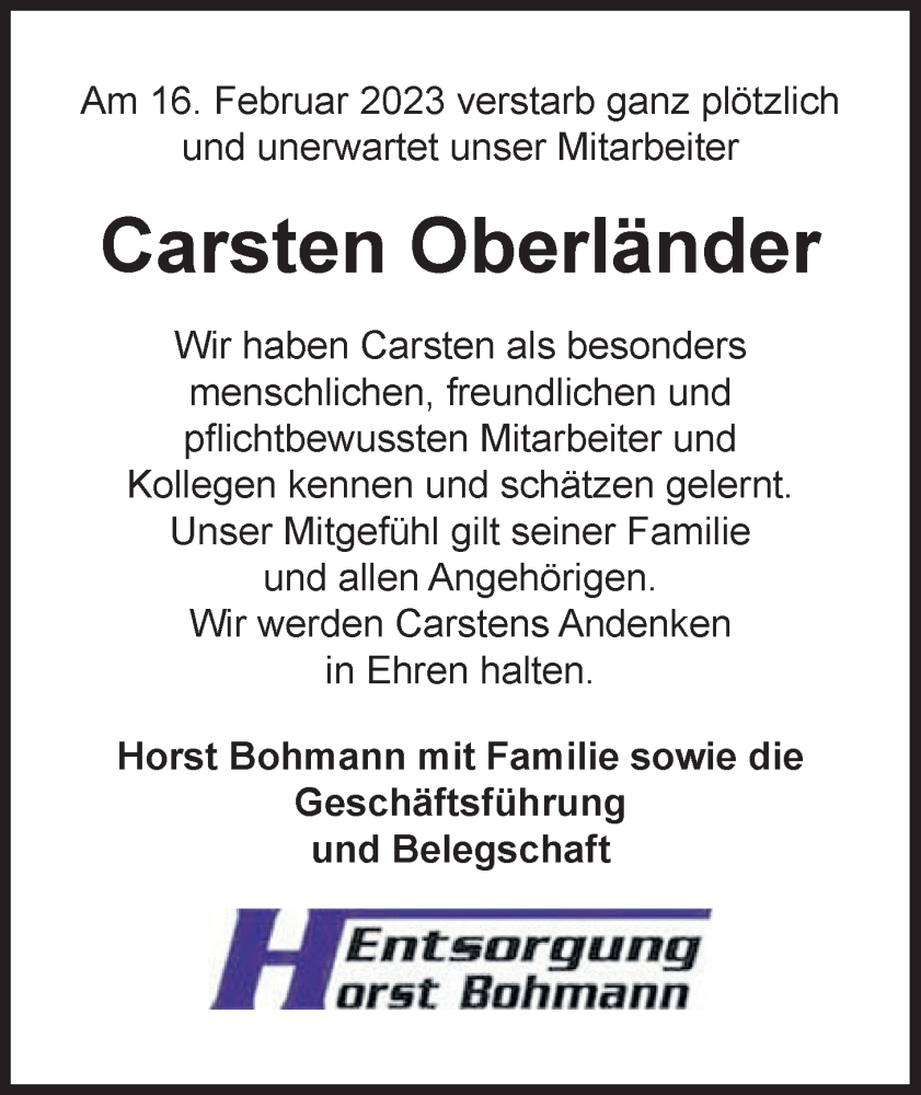  Traueranzeige für Carsten Oberländer vom 21.02.2023 aus Nordwest-Zeitung